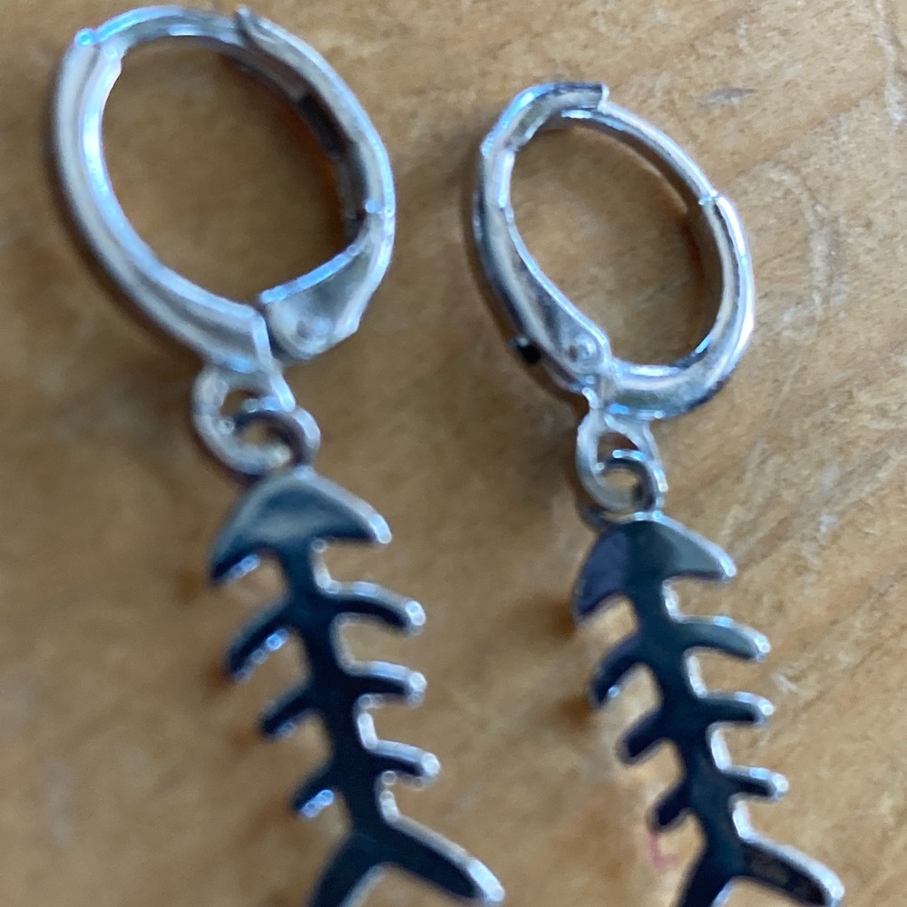 Fish Skeleton Pair of Silver Earrings / Charms